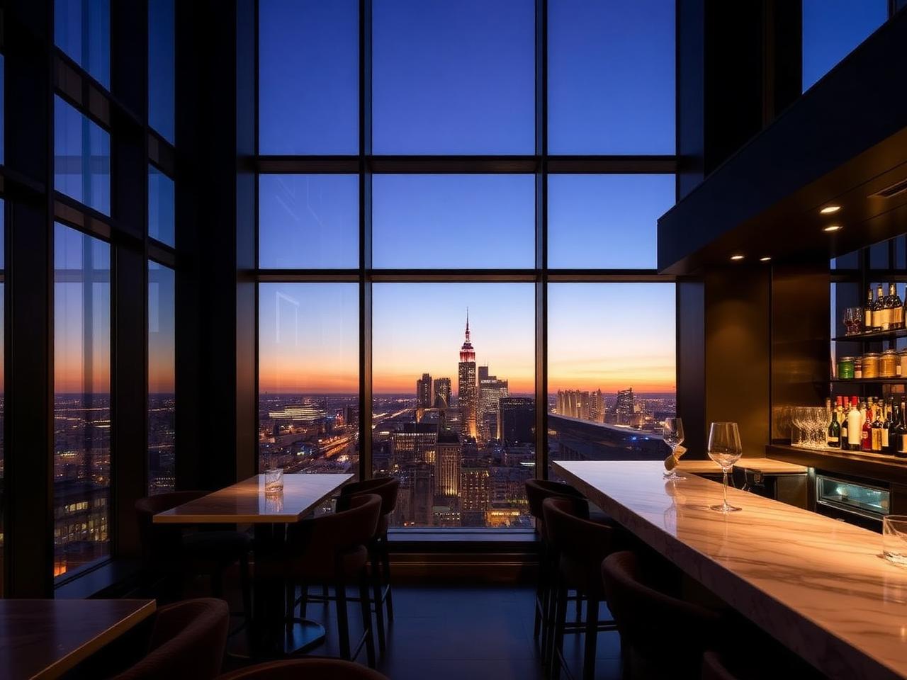 The View Skylounge Düsseldorf refined rooftop bar with floor-to-ceiling windows overlooking the city skyline at dusk and warm marble counter