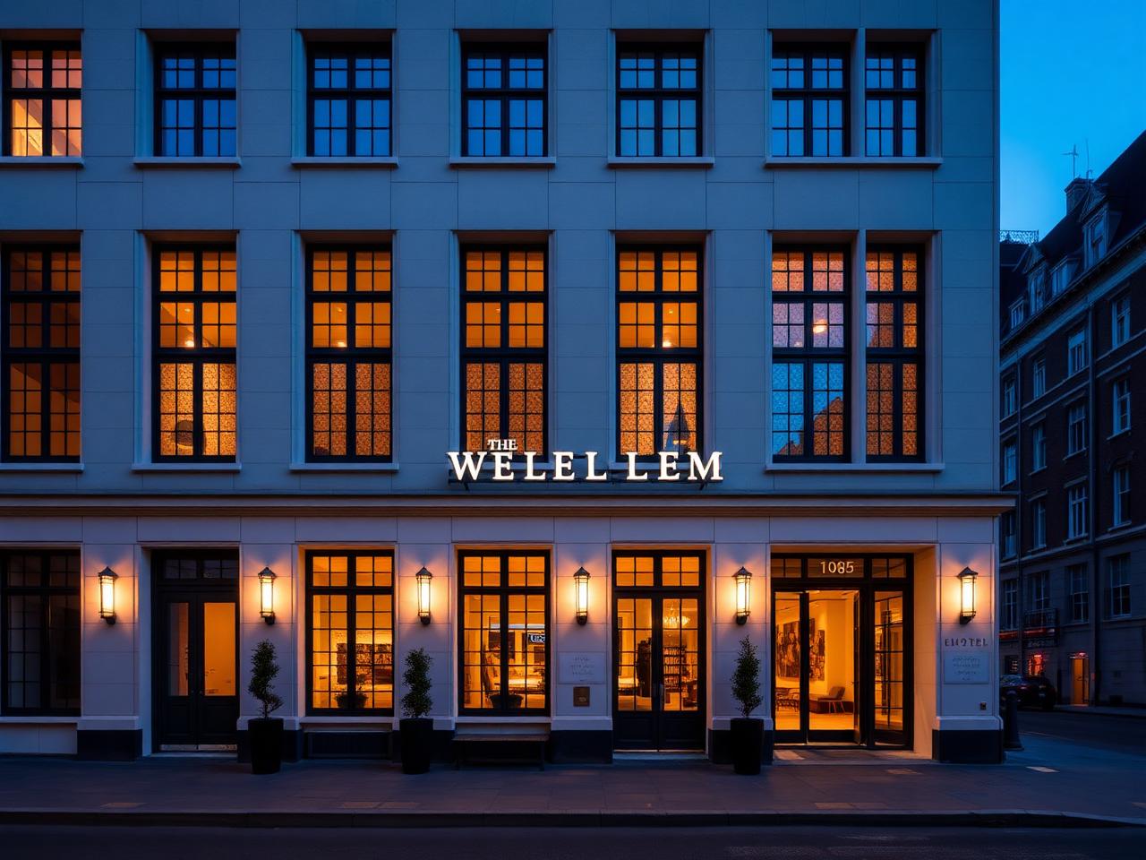 The Wellem Hotel Düsseldorf refined boutique hotel facade in elegant restored historic building with warm illuminated windows at dusk