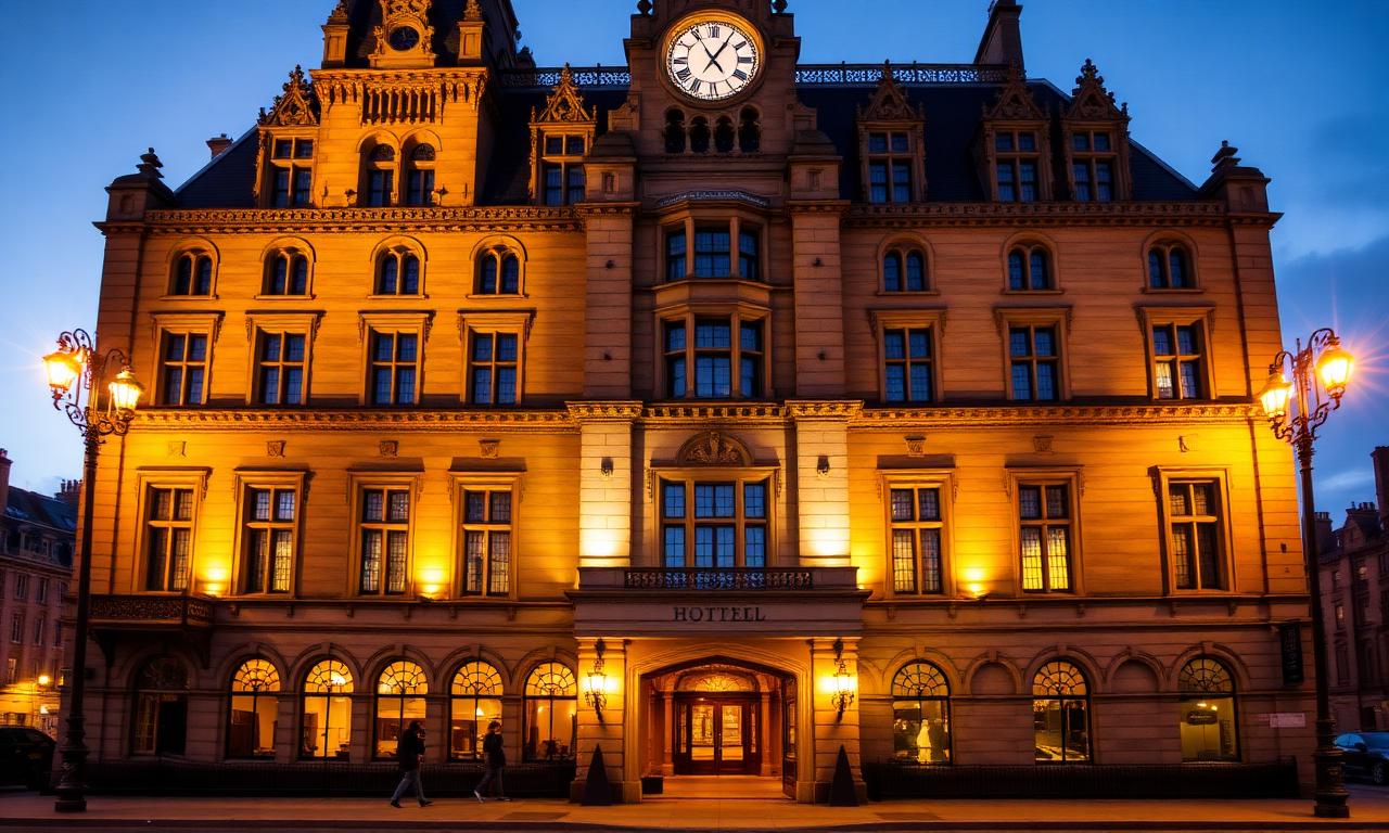 The Balmoral hotel facade in Edinburgh with a tall Victorian clock tower at golden hour