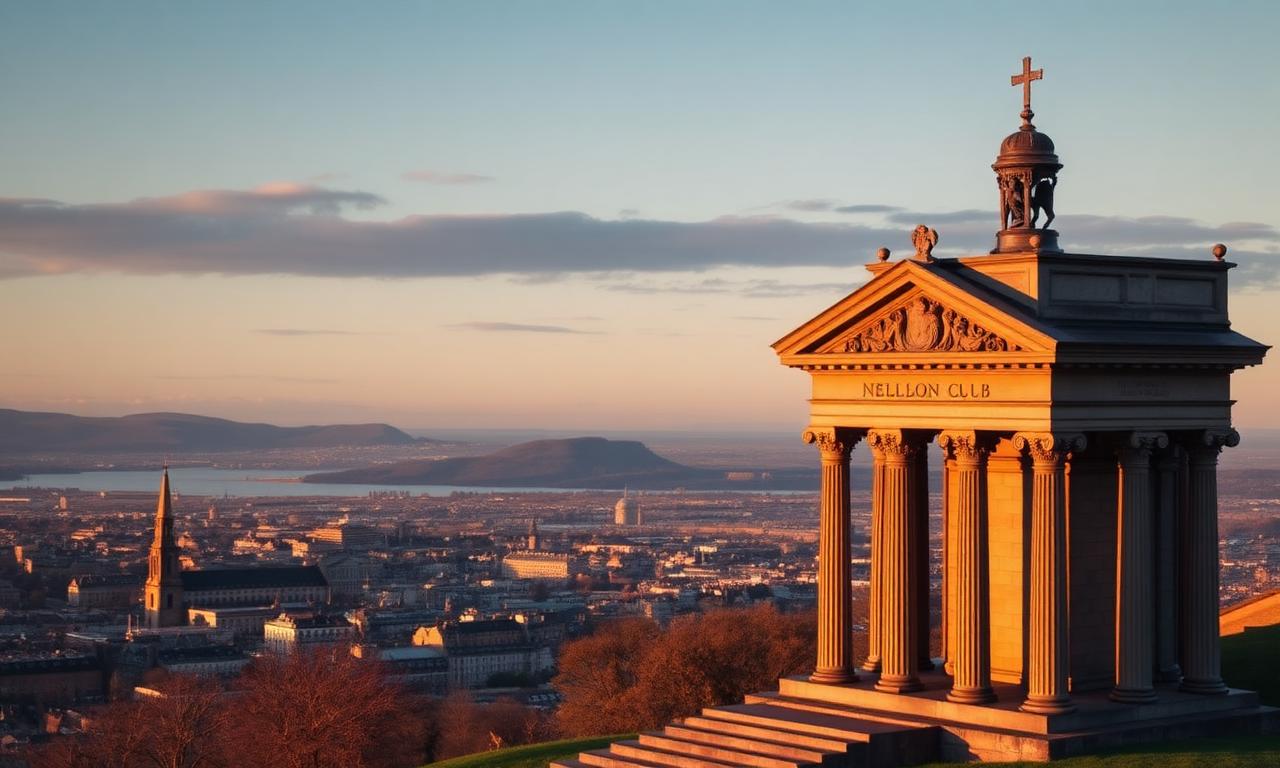 Calton Hill in Edinburgh at golden hour with the National Monument's Greek-style columns and the city below