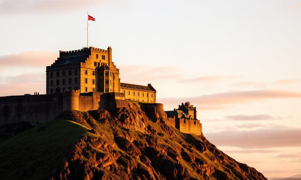 Edinburgh Castle on its volcanic rock at golden hour, dramatic stone fortress silhouetted against a soft sky