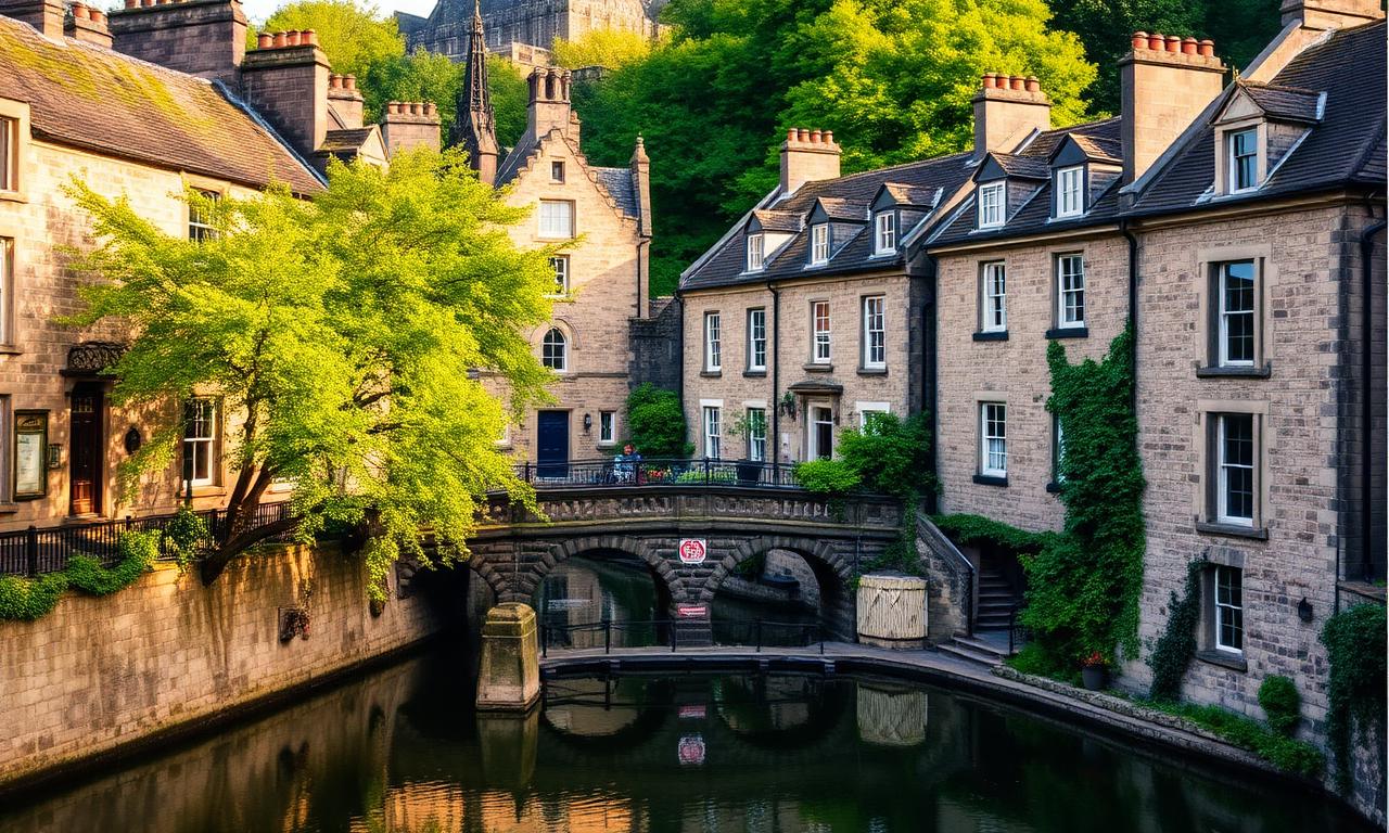 Dean Village in Edinburgh with picturesque historic stone buildings along the Water of Leith and a small bridge