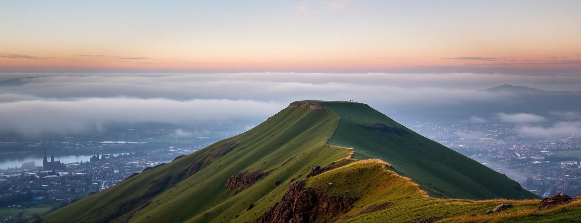 Arthur's Seat in Edinburgh at first light with soft mist over the green volcanic hill and the city below