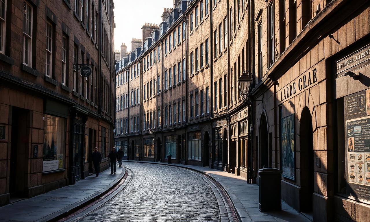The Royal Mile in Edinburgh Old Town with atmospheric narrow medieval cobbled street and tall stone tenements