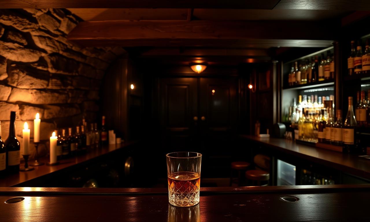 Traditional whisky and cocktail bar in a candlelit stone basement with a single dram of whisky in a crystal glass