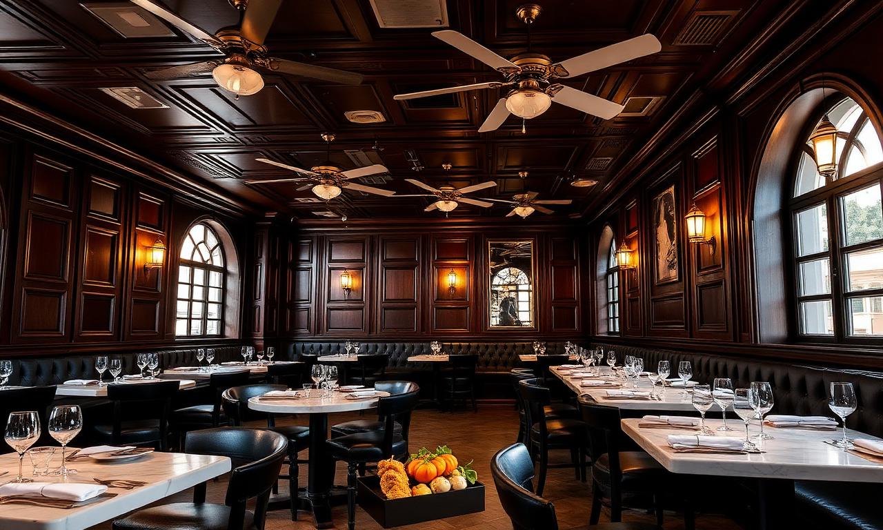 Stylish Indian restaurant interior inspired by colonial Bombay with dark wood panelling, ceiling fans and marble tables