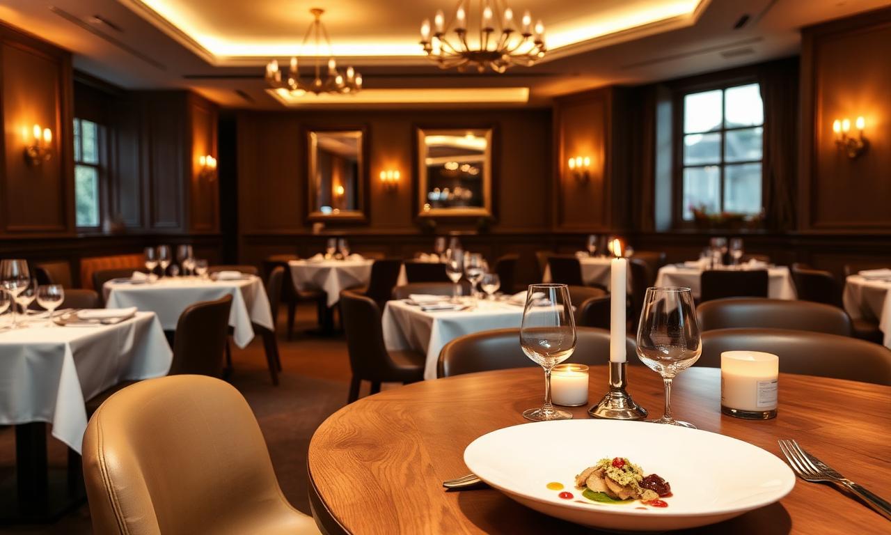 Refined Michelin-starred dining room with warm lighting, white tablecloths and an elegantly plated tasting course