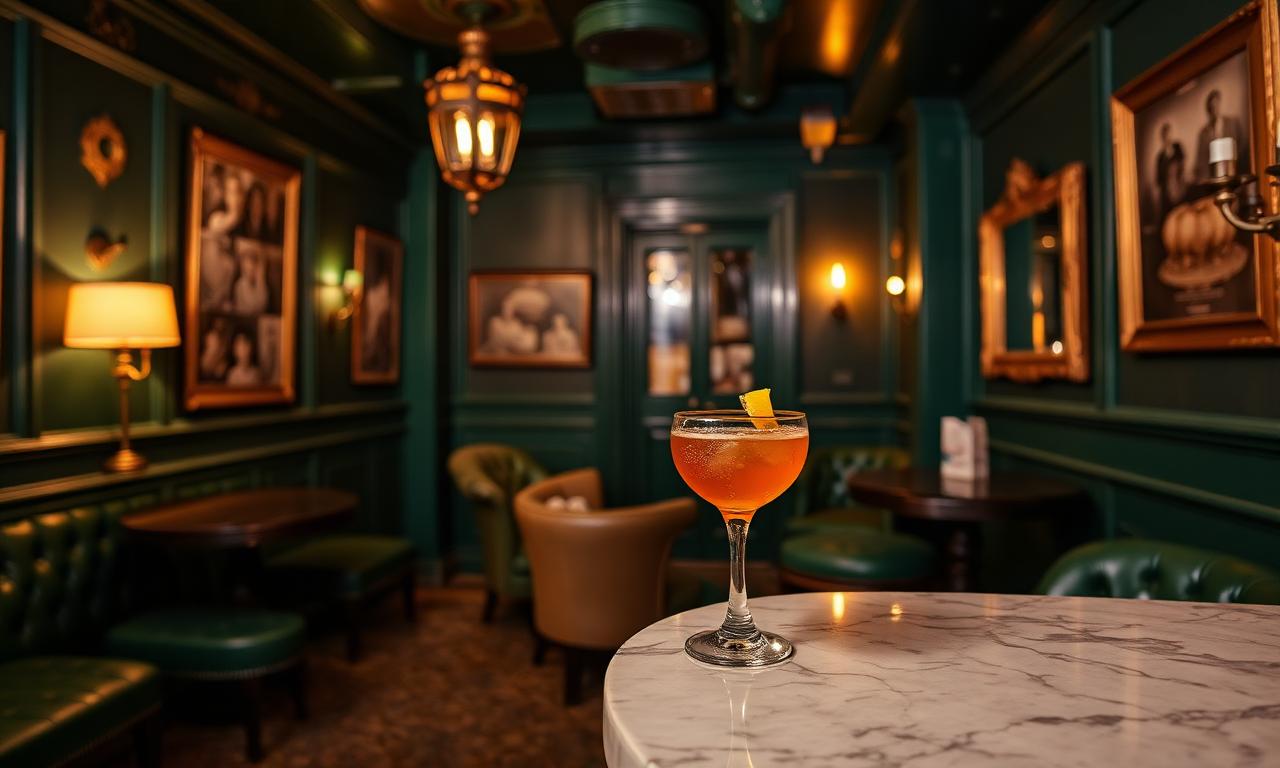 Hidden speakeasy cocktail bar with quirky luxurious interior, dark green walls, vintage furniture and a beautifully crafted cocktail