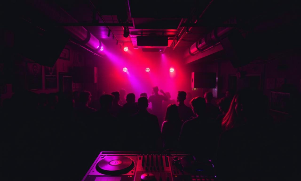 Small intimate underground music venue with low ceilings, dramatic purple and red stage lighting and a stylish silhouetted crowd