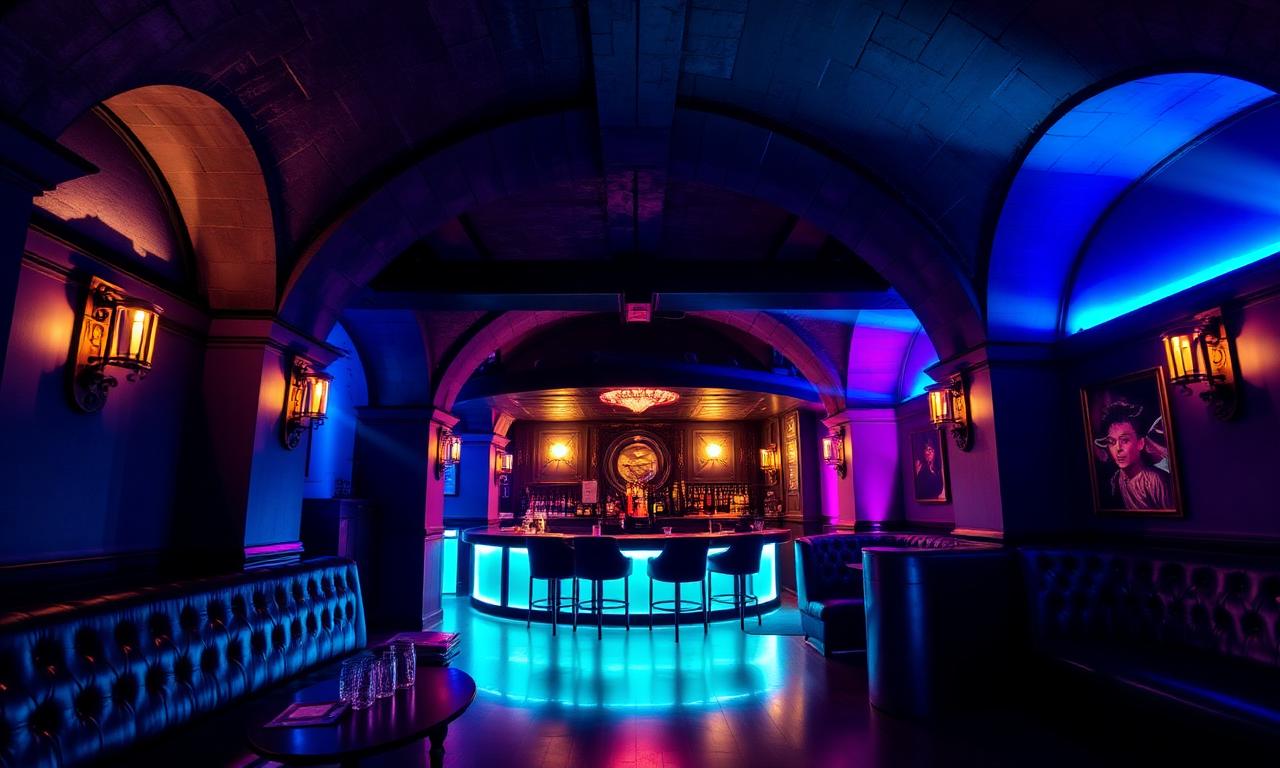 Late-night underground nightclub with elegant arched stone ceilings, atmospheric blue and magenta lighting and leather banquettes