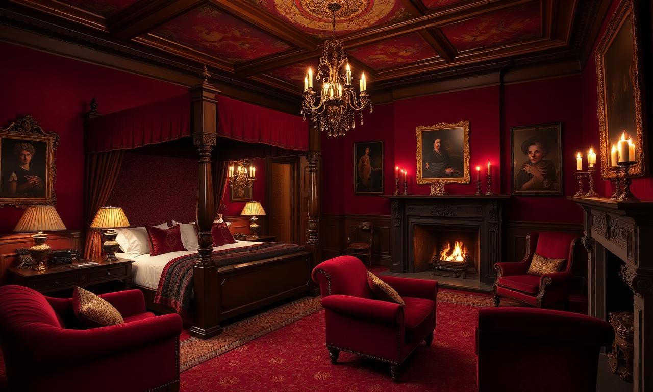 Theatrical luxurious hotel suite interior with deep red velvet, Gothic Scottish baronial furniture, four-poster bed and a fireplace