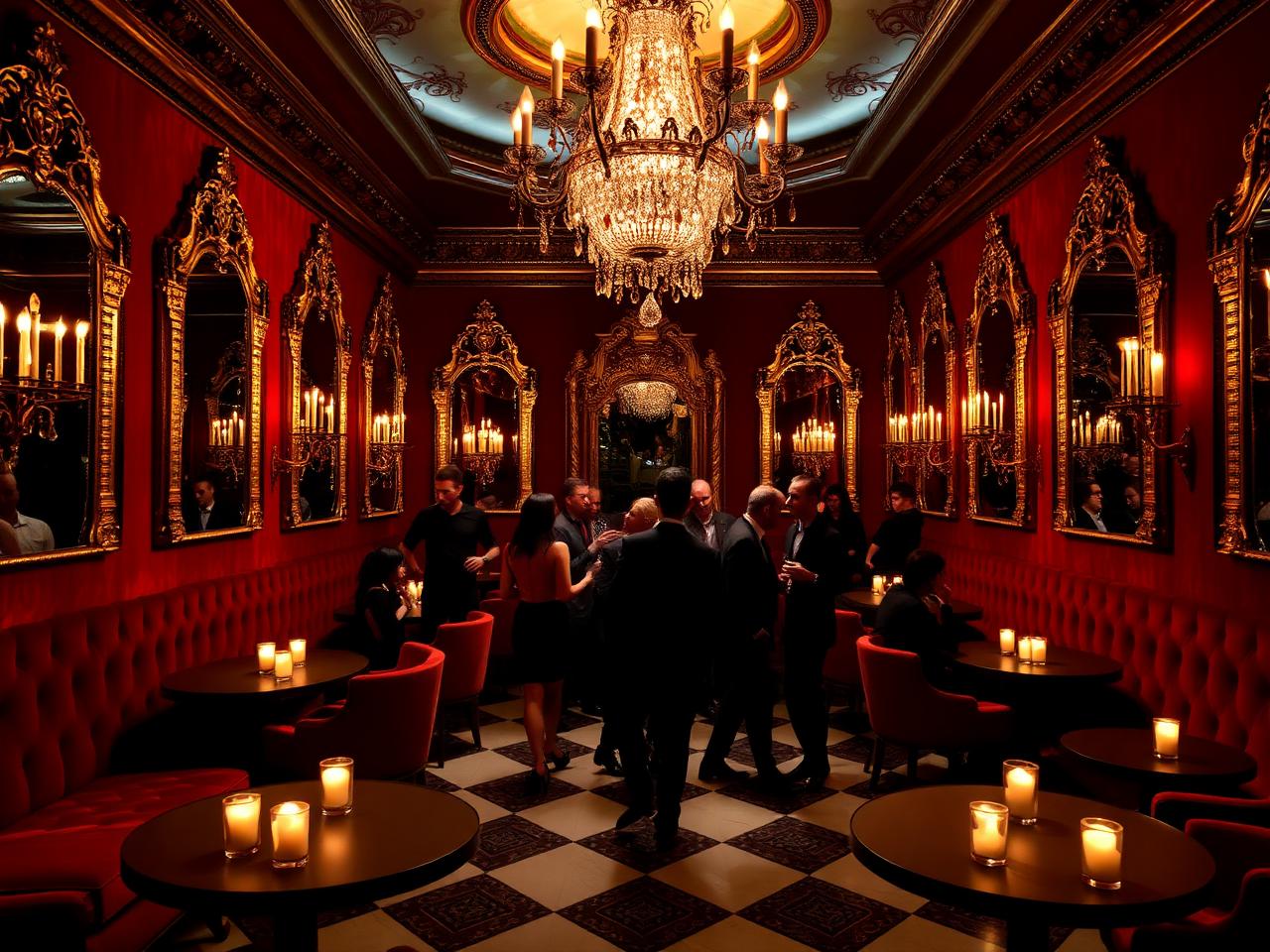 The Baroque Club Geneva opulent private members nightclub interior with deep red velvet banquettes, baroque gilded mirrors, crystal chandeliers and low candlelight