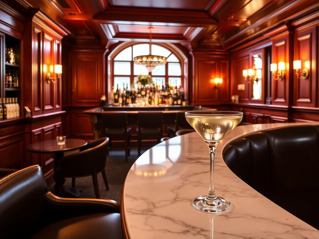 Le Bar des Bergues at Four Seasons Geneva refined hotel cocktail bar with warm wood panelling, brass fittings, low lamplight, leather banquettes and a beautifully made martini