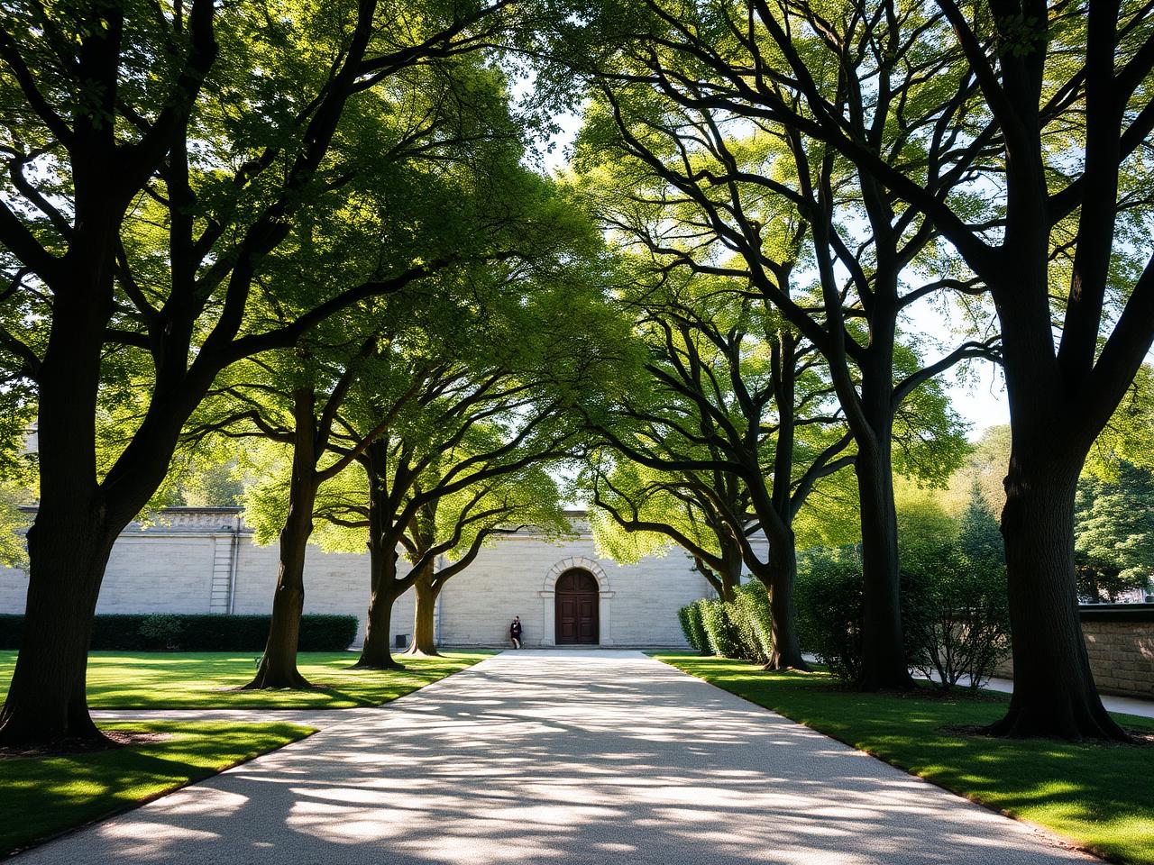 Parc des Bastions in Geneva with the Reformation Wall, mature plane trees casting dappled light over a wide gravel walkway in soft daylight