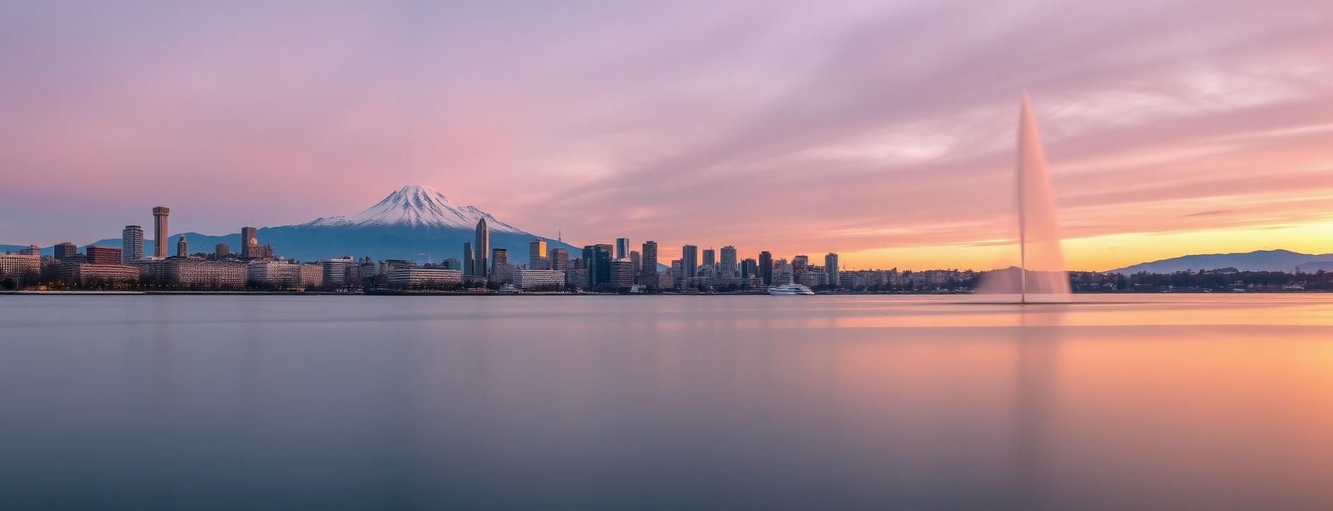 Geneva skyline panorama at first light with Lake Geneva, the Jet d'Eau fountain and snow-capped Mont Blanc in the distance with soft pastel sunrise