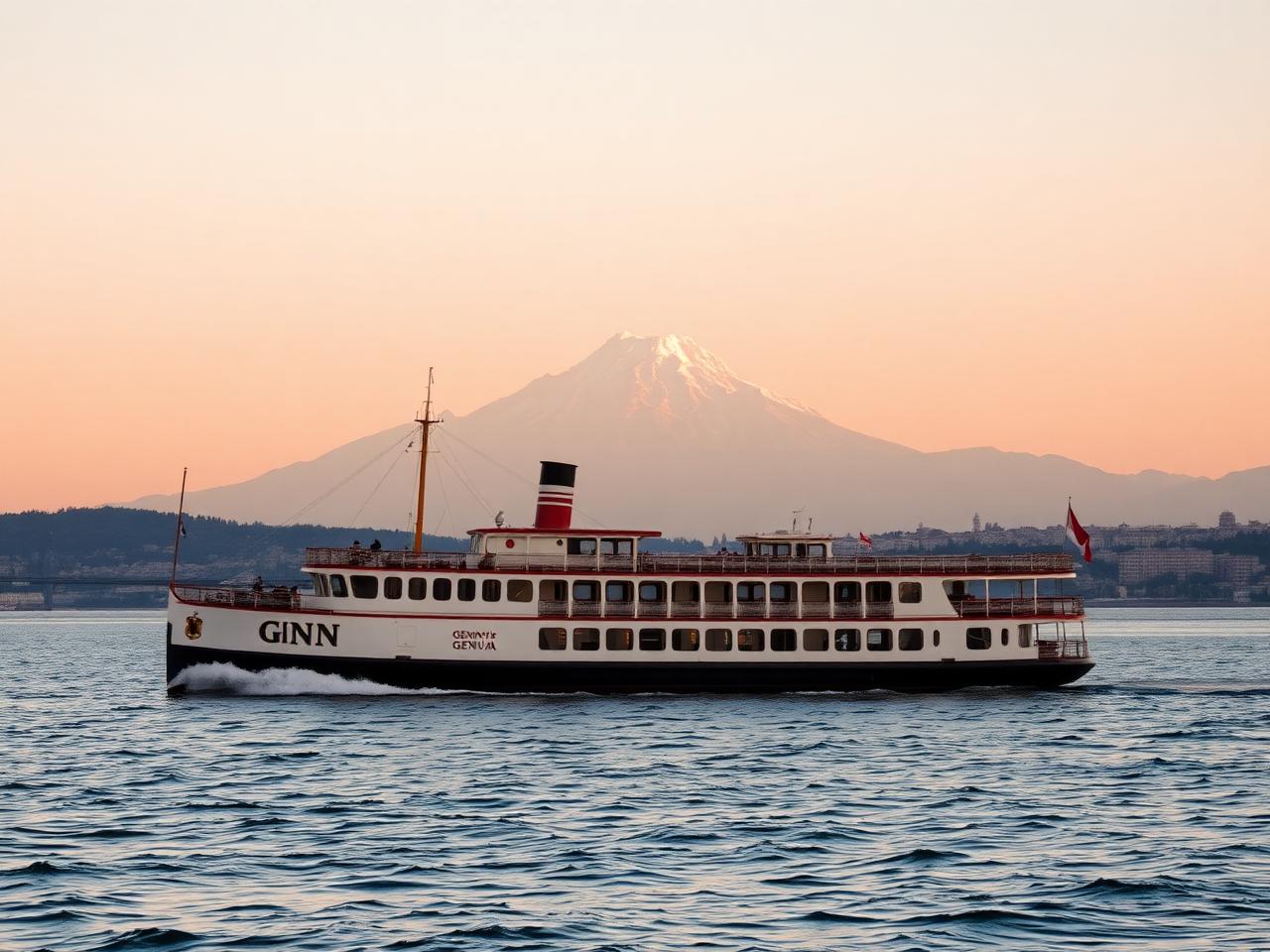 Lake Geneva CGN paddle steamer cruising on the lake with Mont Blanc in the distance and the Geneva skyline behind in soft golden afternoon light