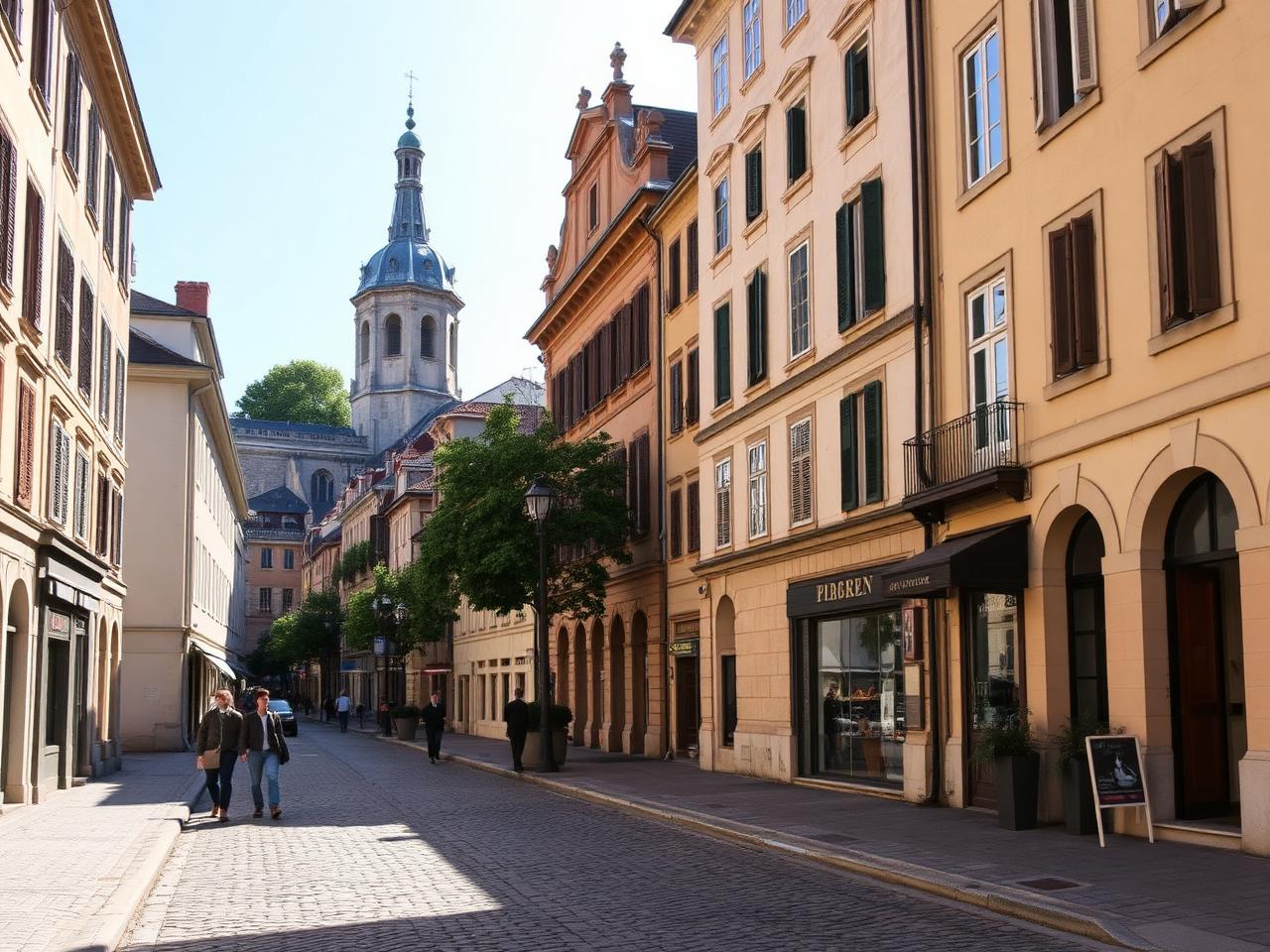 Old Town Geneva Vieille-Ville with cobbled lanes, honey limestone facades and Saint-Pierre Cathedral in the background in soft afternoon light