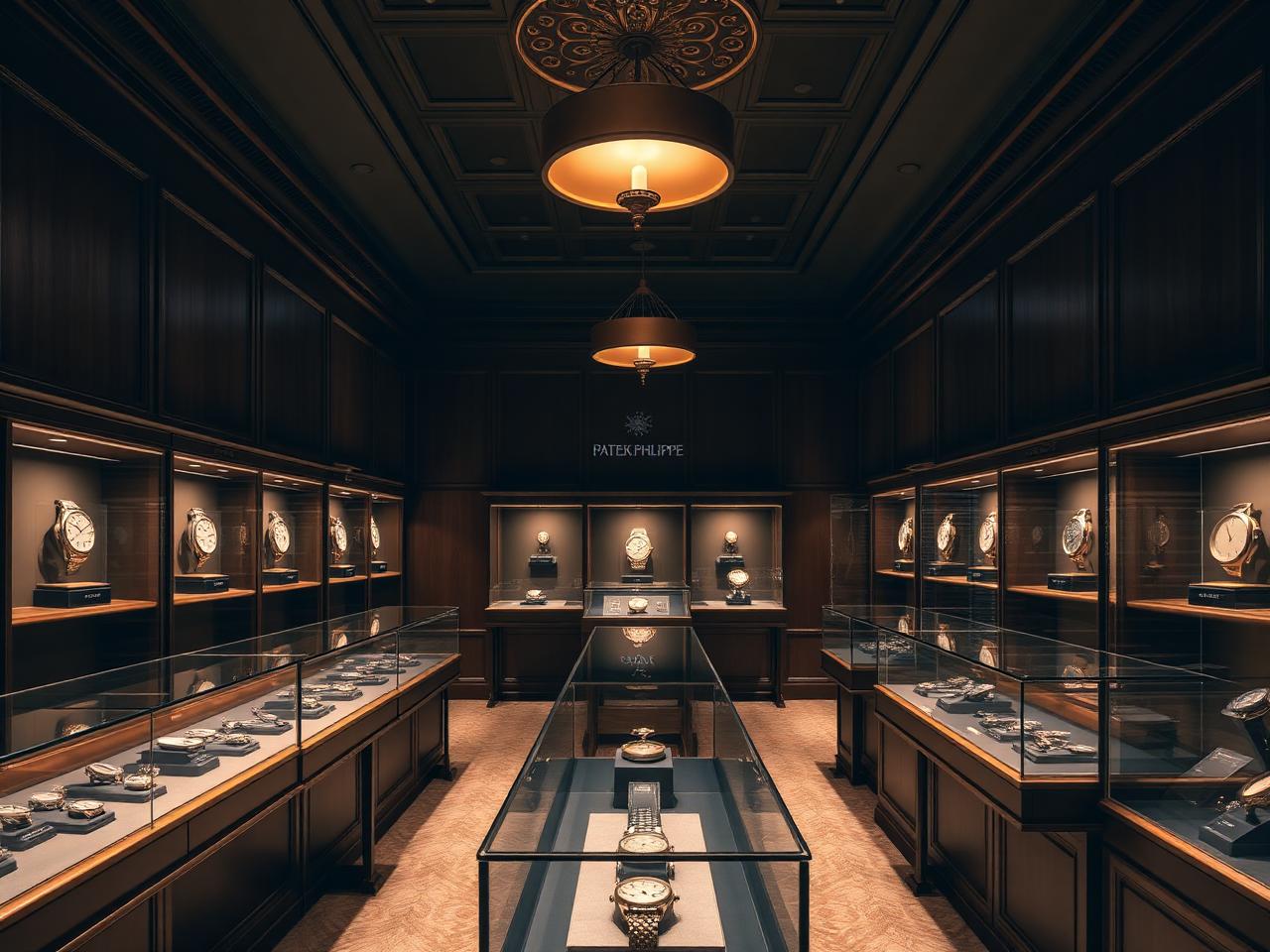 Patek Philippe watch museum interior in Geneva with refined display cases of antique pocket watches and fine timepieces, warm pendant lighting and dark wood panelling