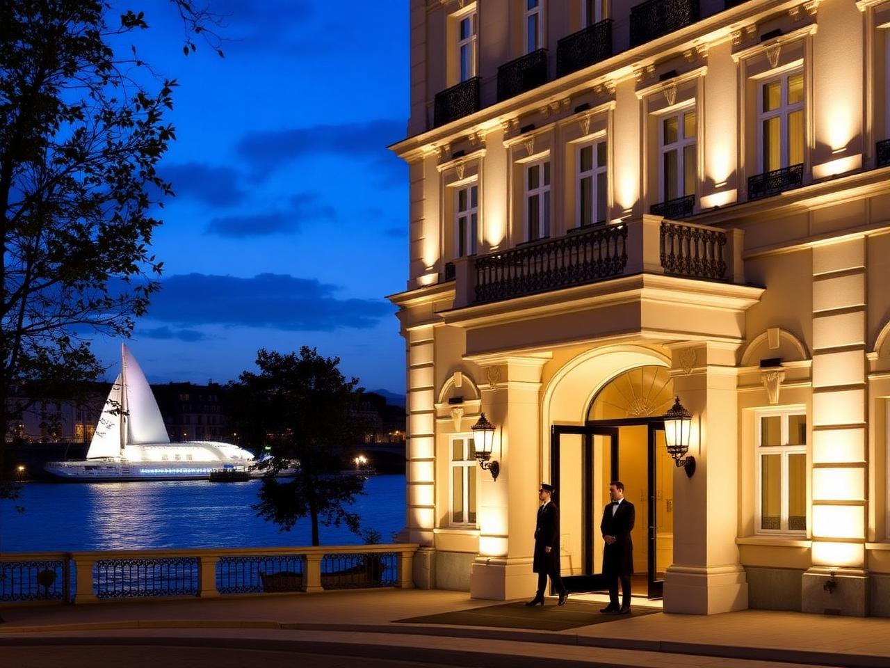 Four Seasons Hotel des Bergues Geneva grand 19th century neoclassical facade illuminated at dusk with view over the Rhone river