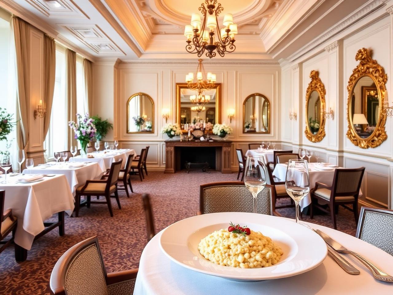 Refined fine dining restaurant Il Lago at Four Seasons Geneva with classical Italian elegance, warm pendant chandeliers, white tablecloths and gilded mirrors