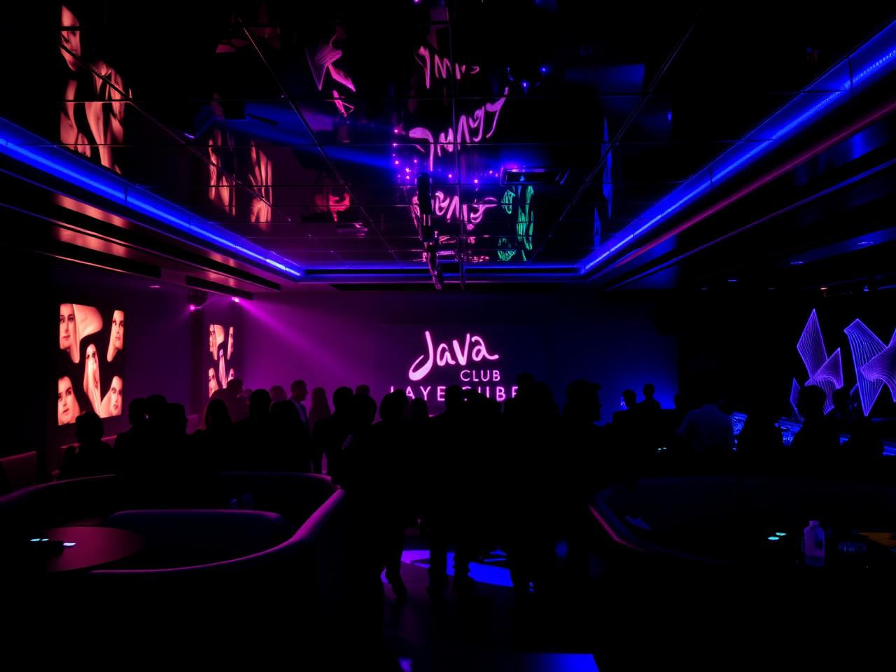 Java Club Geneva sleek modern nightclub interior with dramatic blue and purple lighting, mirrored ceilings and a stylish silhouetted crowd dancing