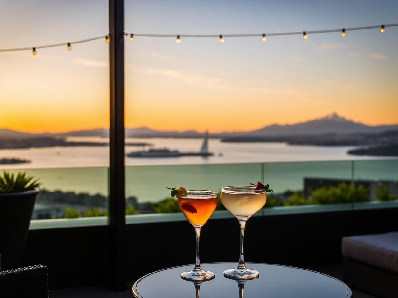 MET Rooftop Lounge Geneva at golden hour with refined cocktails on a low table, panoramic view over Lake Geneva, the Jet d'Eau and soft string lights