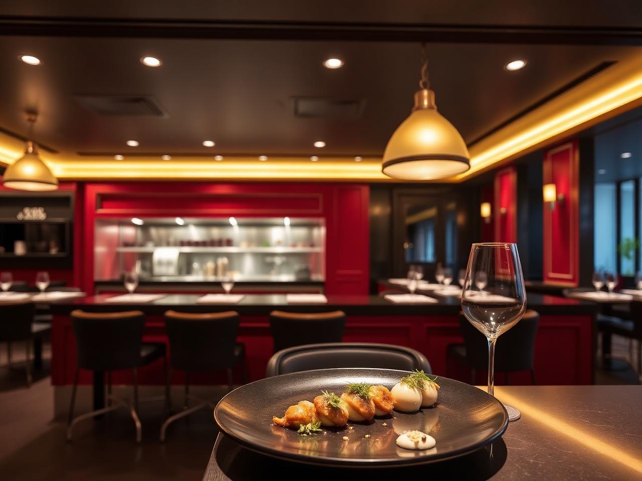 L'Atelier Robuchon Geneva refined French counter dining with red and black lacquered open kitchen, low warm pendant lighting and a beautifully plated tasting course