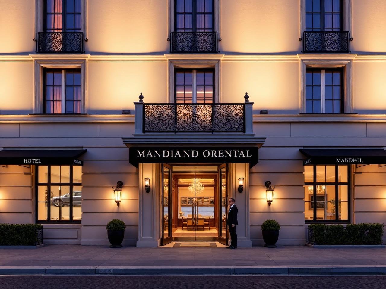 The Woodward Geneva Mandarin Oriental ultra-luxury all-suite hotel facade on Quai Wilson illuminated at dusk with refined doorman and lake view