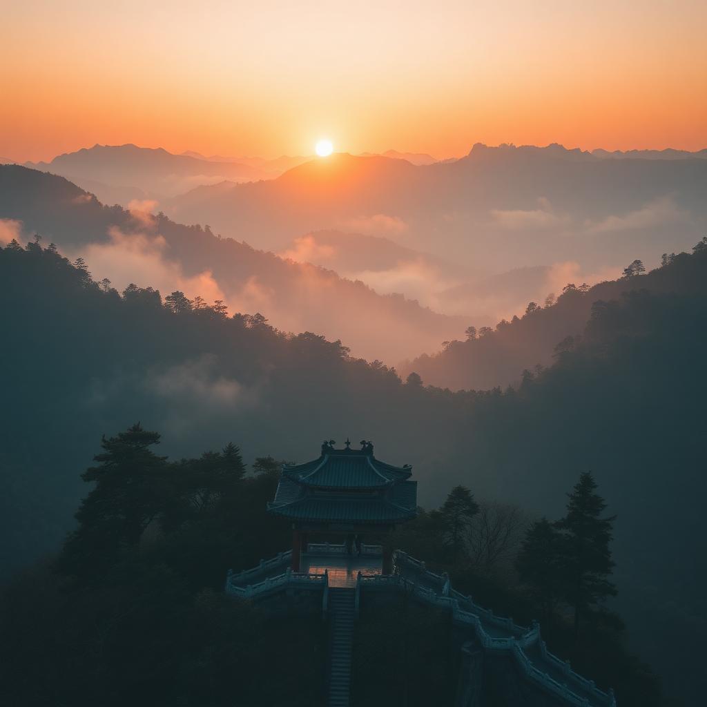Baiyun Mountain Guangzhou at golden hour with misted forested ridges and an ancient pavilion catching the first warm light