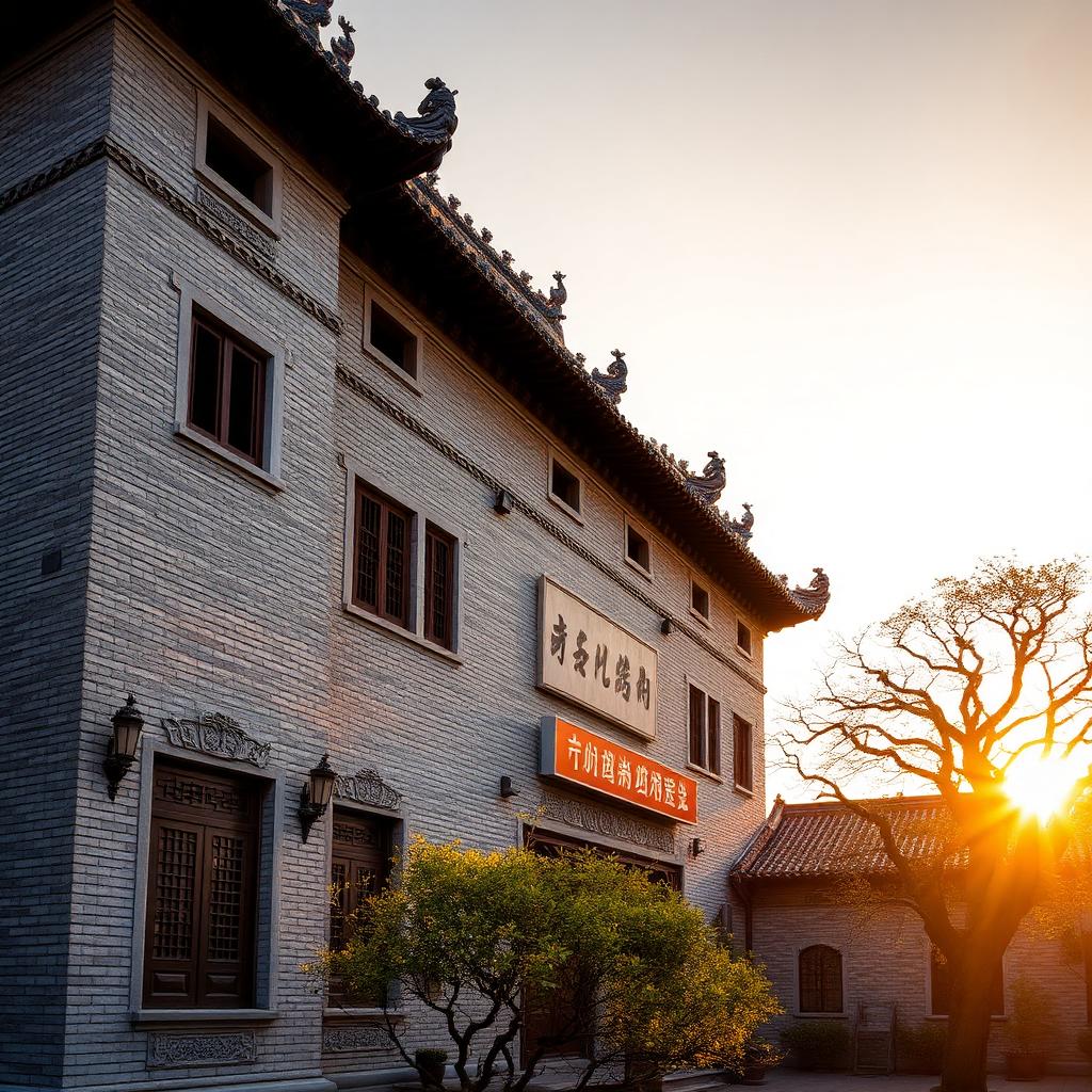 Chen Clan Ancestral Hall Guangzhou at golden hour with traditional Lingnan grey-brick architecture, ornate ceramic roof figurines and a courtyard with old trees