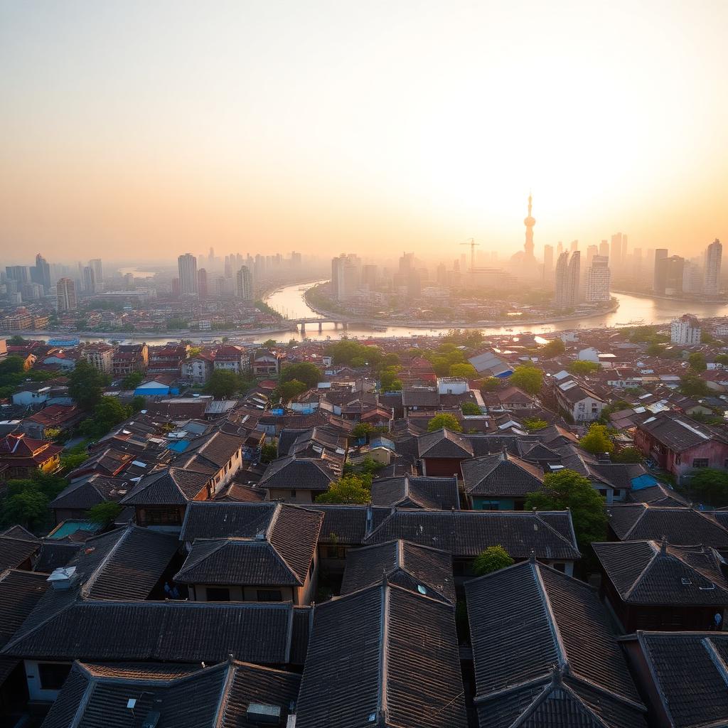 Panoramic aerial morning view of Guangzhou old town at golden hour with traditional Lingnan rooftops, the Pearl River winding through, the Canton Tower rising in the distance
