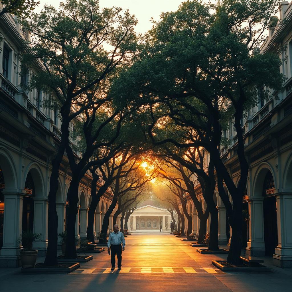 Shamian Island Guangzhou at golden hour with colonial European-era arcades, banyan tree avenues, soft warm filtered light