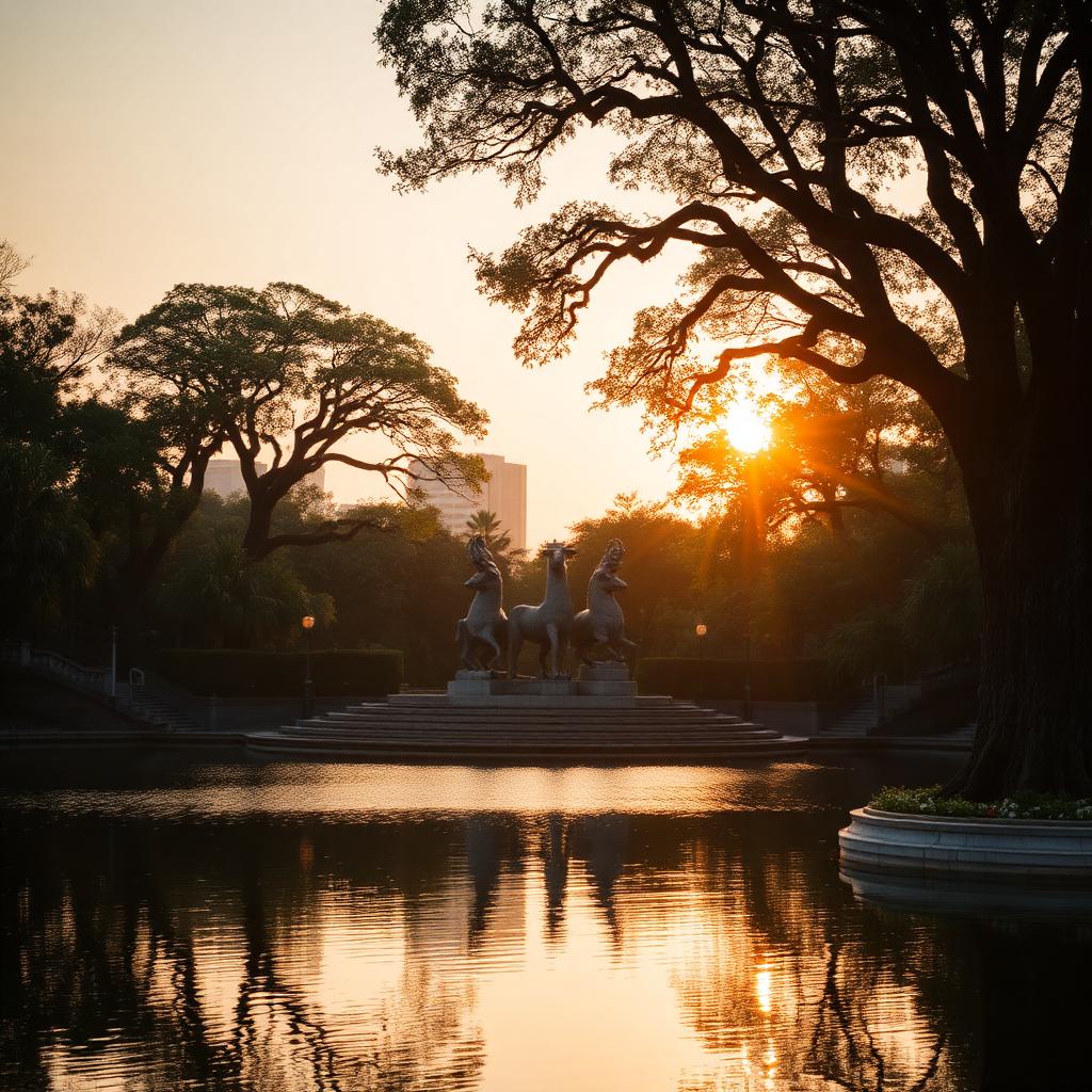 Yuexiu Park Guangzhou at golden hour with the Five Rams statue, ancient banyan trees and a quiet lake, soft warm filtered light