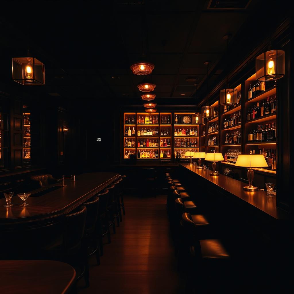 A refined Guangzhou speakeasy cocktail bar with dark moody lighting, long polished walnut bar with backlit bottle wall, leather stools and brass lamps under warm cinematic amber light
