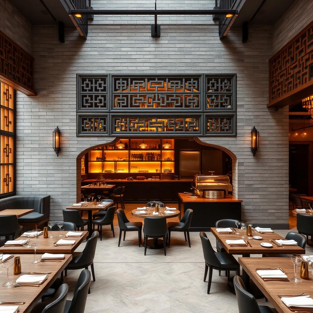 A sophisticated contemporary Cantonese restaurant interior in Guangzhou with grey-brick walls, traditional latticework, brass accents and an open dim sum station under warm amber light