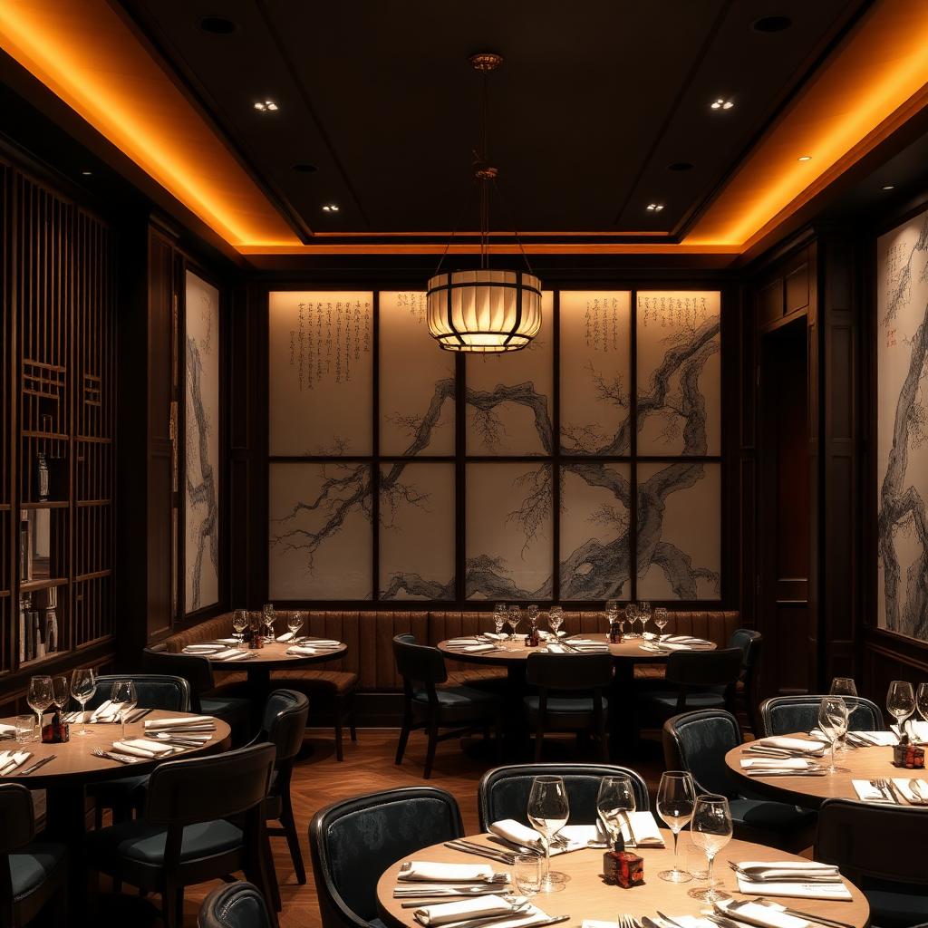 A refined Cantonese fine dining restaurant interior in Guangzhou with dark stained rosewood, hand-painted ink-wash screens, low pendant lighting and warm amber cinematic light
