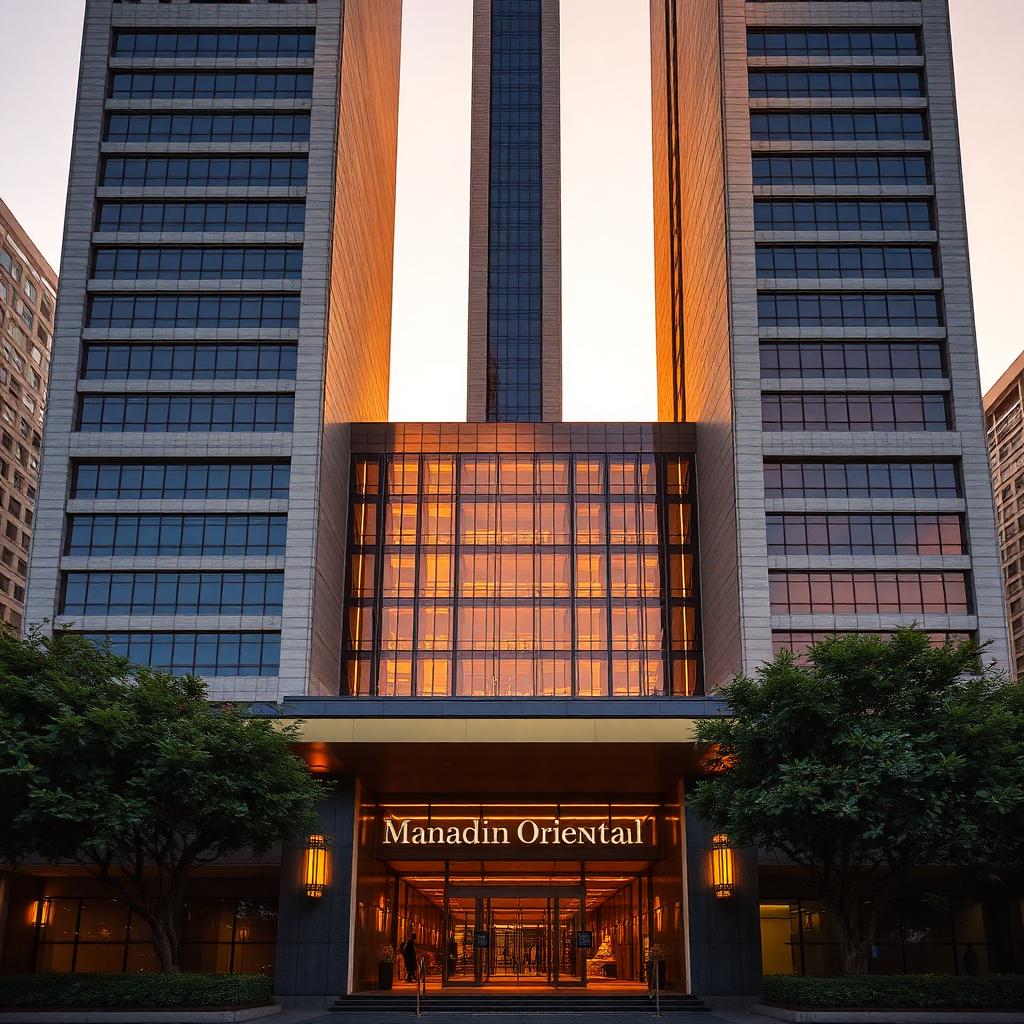 Mandarin Oriental Guangzhou luxury hotel facade at golden hour with a sleek contemporary stone tower above Taikoo Hui, bronze-accented entrance and mature trees