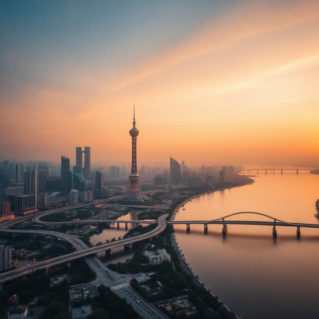 Aerial panoramic view of the Pearl River Guangzhou at golden hour with the Canton Tower, illuminated bridges and the river bend
