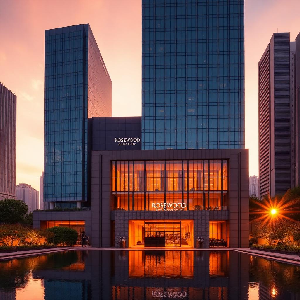 Rosewood Guangzhou luxury hotel facade at golden hour with a sleek glass tower at Pearl River New Town and a reflecting pool entrance under warm cinematic light