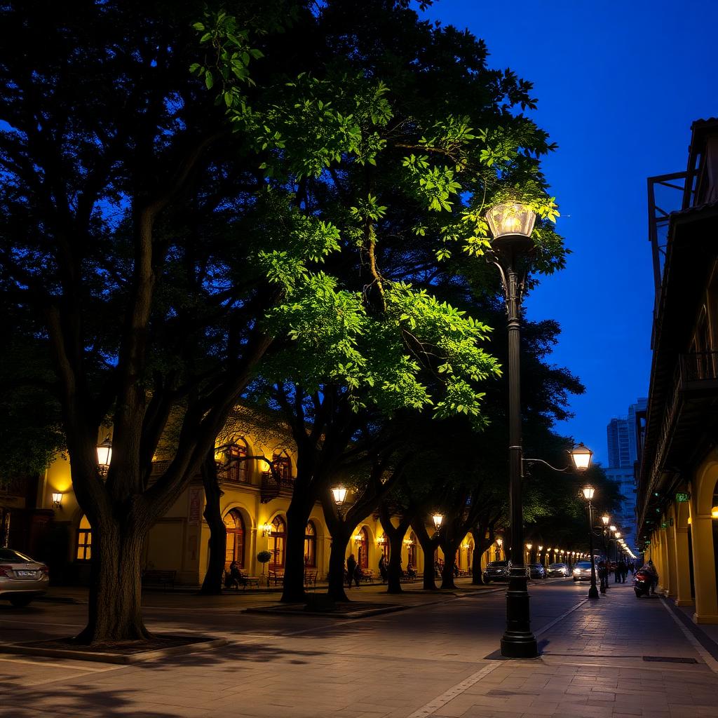 Shamian Island Guangzhou at night with colonial arcades softly uplit, banyan trees casting shadows and lamplight reflecting on stone pavement under a deep blue evening sky