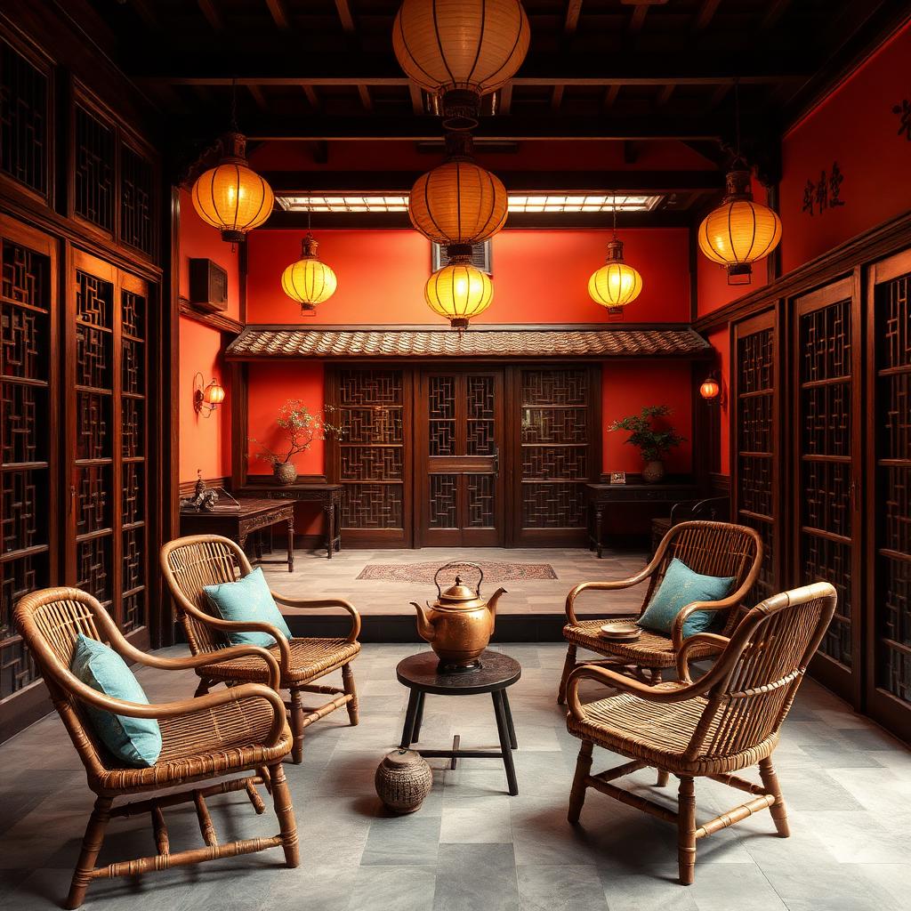 An elegant Guangzhou tea lounge inside a restored Lingnan courtyard with bamboo chairs, gaiwan porcelain tea set, a brass kettle and paper lanterns overhead under warm cinematic amber light