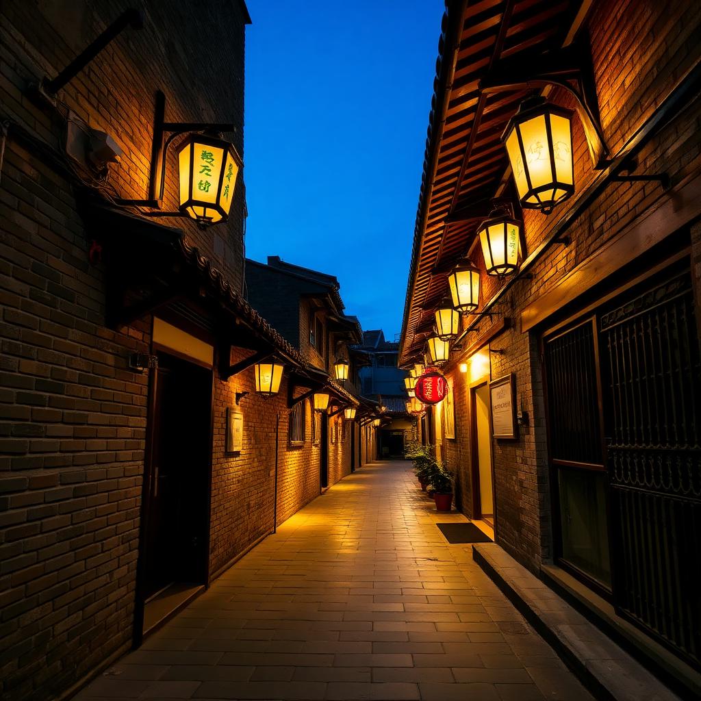 Yongqingfang heritage lane Guangzhou at night with restored grey-brick Lingnan walls, glowing lanterns under wooden eaves and a deep blue evening sky