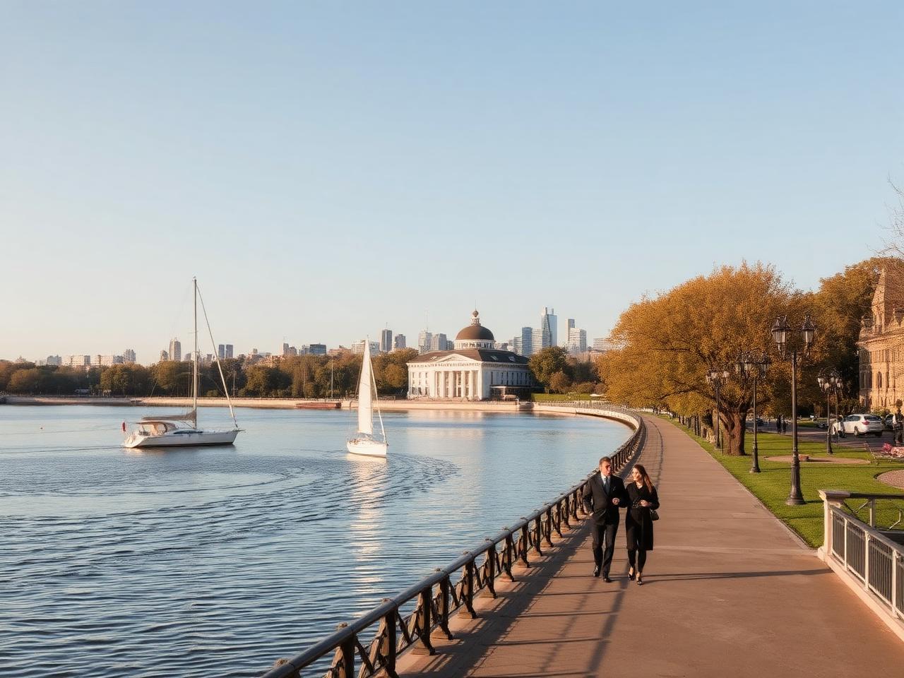 Außenalster lake Hamburg with white sailboats on calm water, elegant tree-lined promenade and a refined couple walking with the city skyline in the background