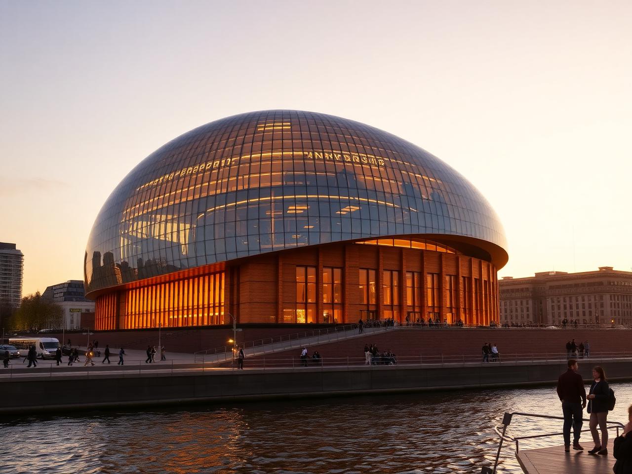 Elbphilharmonie concert hall Hamburg HafenCity at golden hour with iconic wave-shaped glass facade above the historic brick base and the river Elbe in the foreground