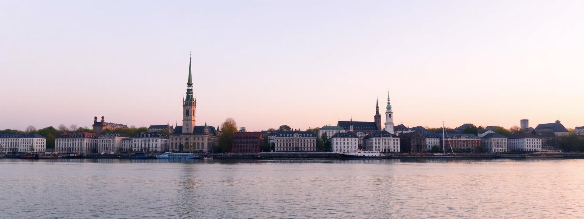 Hamburg panorama at first light from across the Außenalster lake with the city skyline of elegant white villas and church spires under a soft pastel sunrise sky