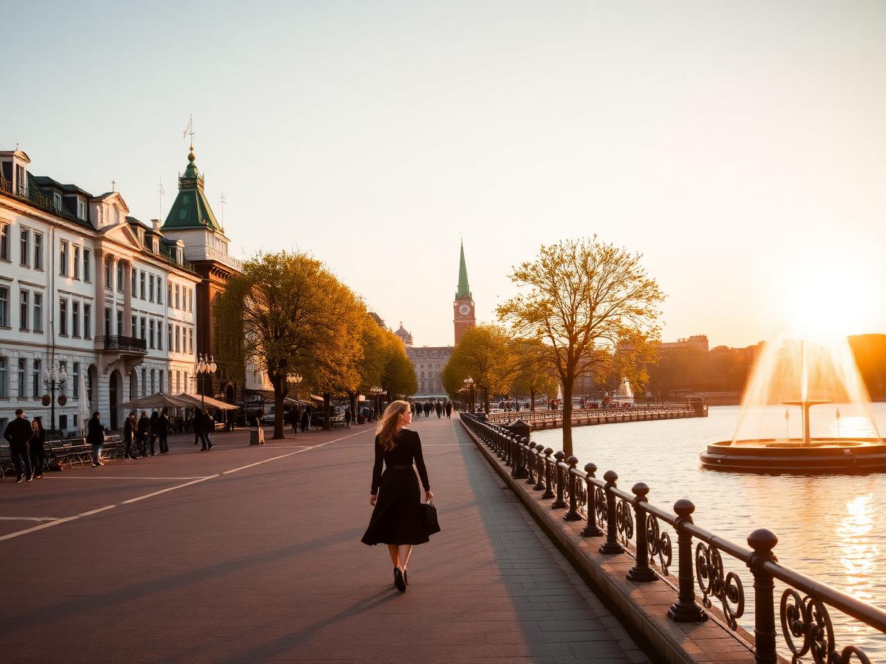 Jungfernstieg promenade Hamburg at golden hour along the Binnenalster lake with classical white facades, elegant chestnut trees and the Alster fountain