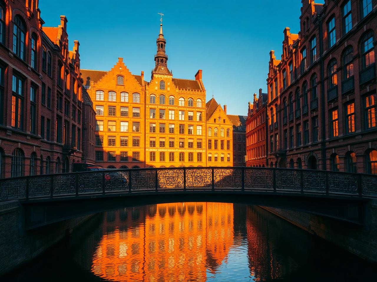 Speicherstadt Hamburg UNESCO heritage red brick warehouse district at golden hour with historic gothic-style buildings reflected in the canal water and an iron bridge