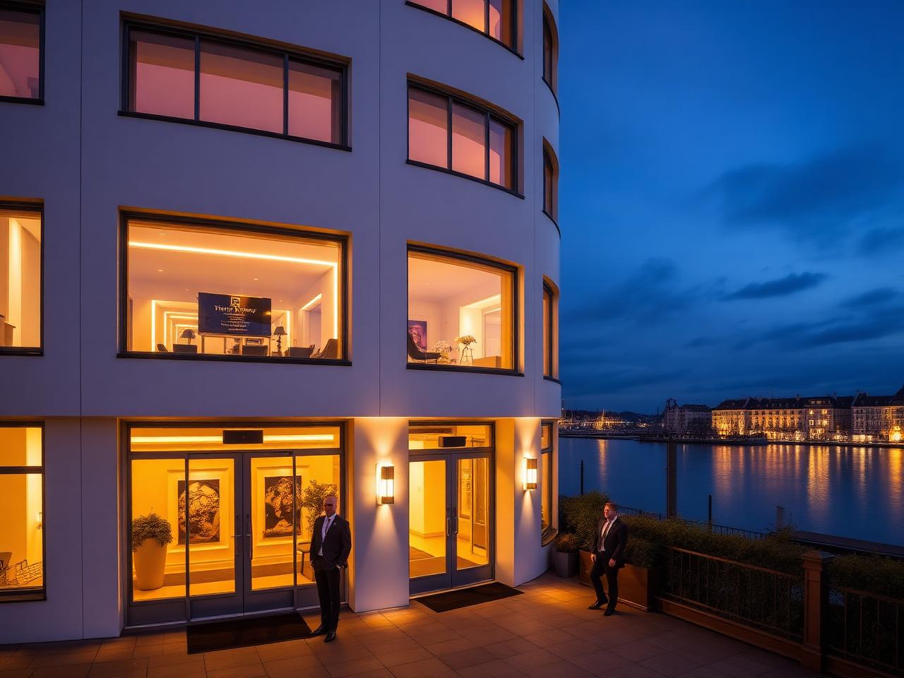 The Fontenay Hotel Hamburg contemporary luxury hotel with modern curved white architecture overlooking the Außenalster lake at dusk and refined doormen at entrance