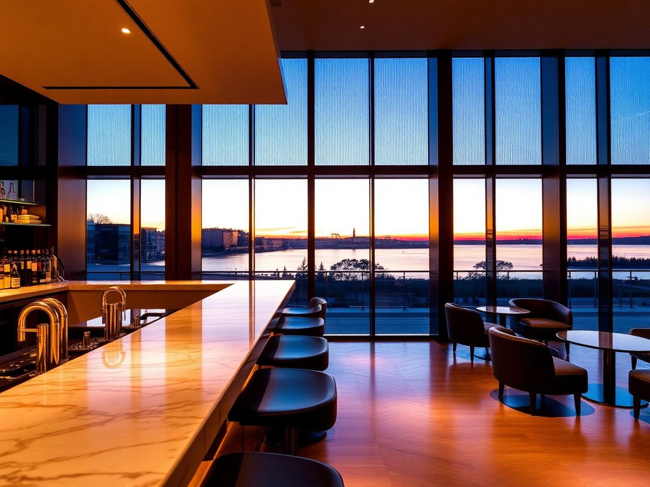 The Fontenay Bar Hamburg refined hotel bar with floor-to-ceiling windows overlooking the Außenalster lake at dusk and warm marble counter
