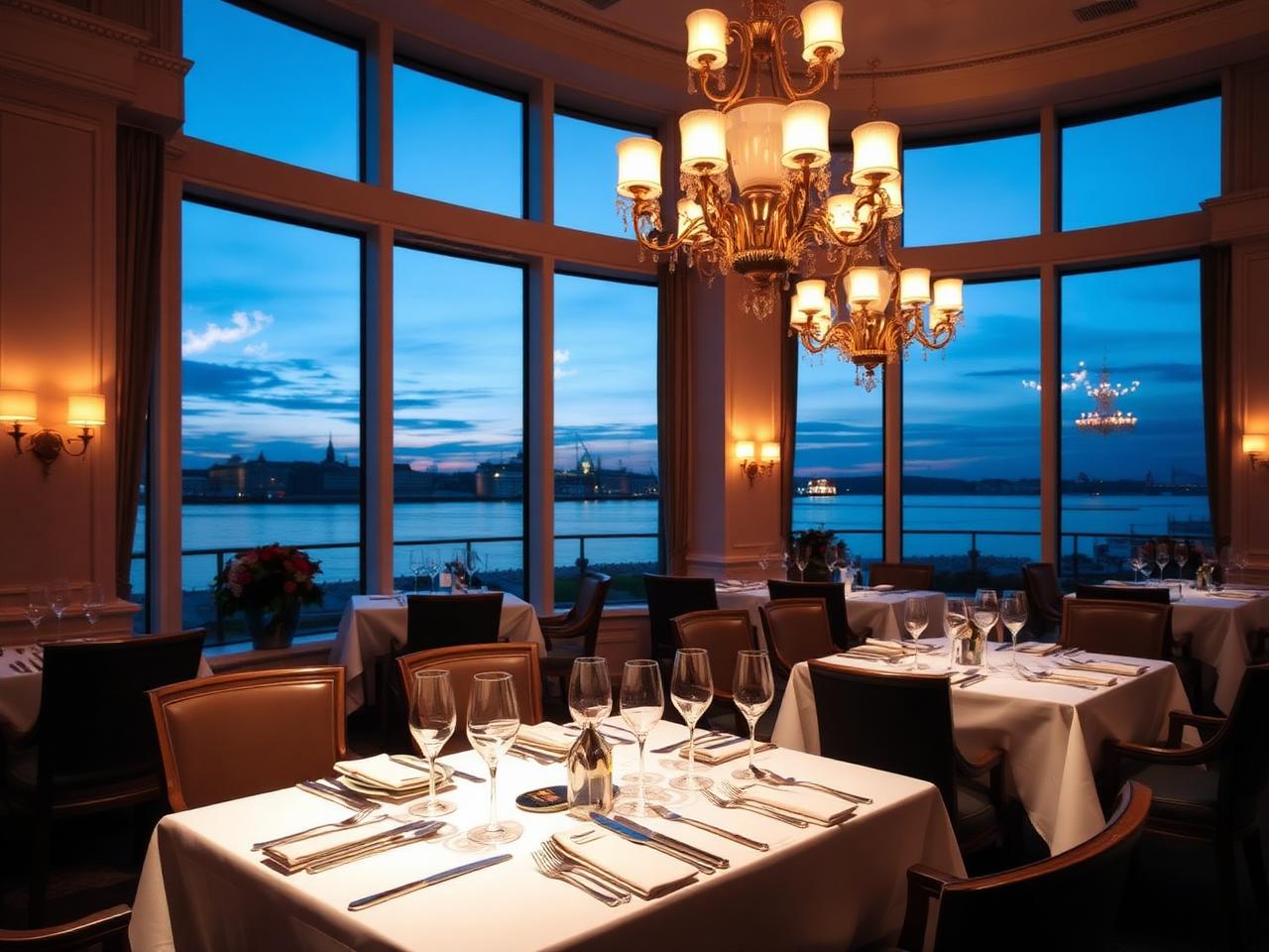 Haerlin restaurant at Hotel Vier Jahreszeiten Hamburg refined two Michelin star fine dining room with elegant chandelier, white tablecloths and view over the Binnenalster lake at dusk